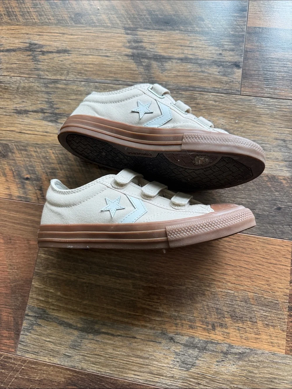 Converse Kids Beige Canvas Velcro Sneakers with Brown Rubber Toe